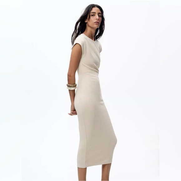 Zara Dresses & Skirts - BNWOT Zara Cream MIDI DRESS WITH SIDE DRAPE size L